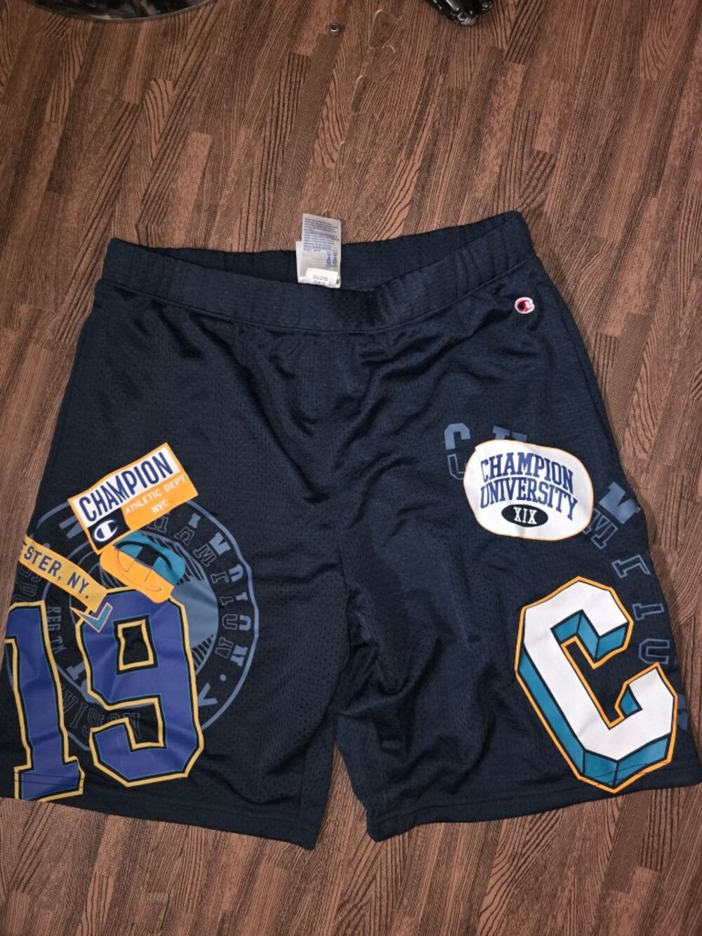 Champion Boys XL 18/20 Navy Mesh Athletic Shorts With Graphic Prints